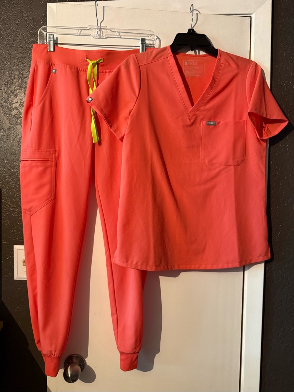 Figs Coral Scrub Top and Jogger Set with Neon Drawstring